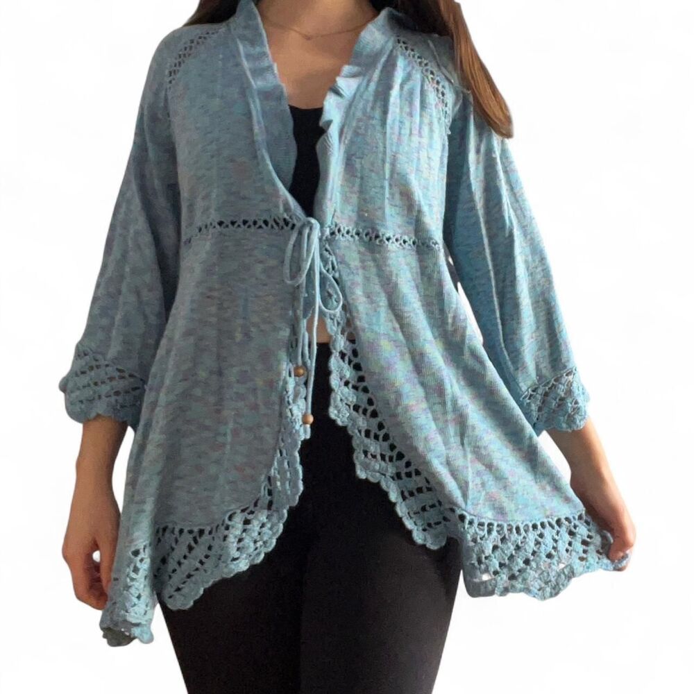 Y2K Blue Knit Cardigan Crochet Details Scalloped Edges Tie Front Spring Sz Large
